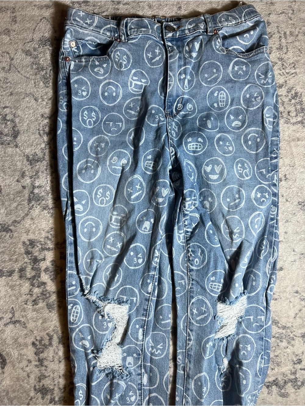 Blue Emojis Print Distressed Jeans